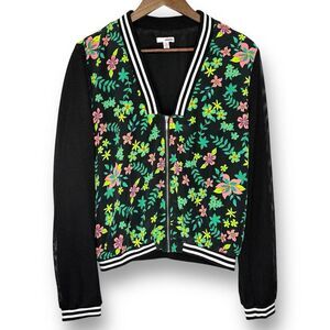 NWOT Bongo VTG Y2K Floral Black White Bomber‎ Varsity Jacket Women's Size Large